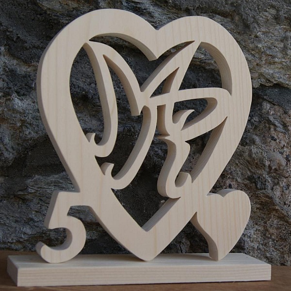 Coeur noce de bois, 5 ans de mariage, initiales personnalis&eacute;es, id&eacute;e cadeau noces de bois