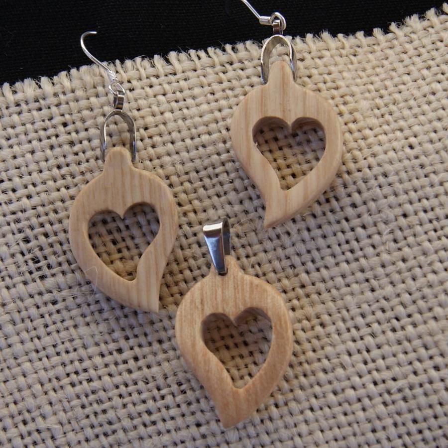 Ash wood heart set, örhängen och hängande gåva, naturens valentinsdag