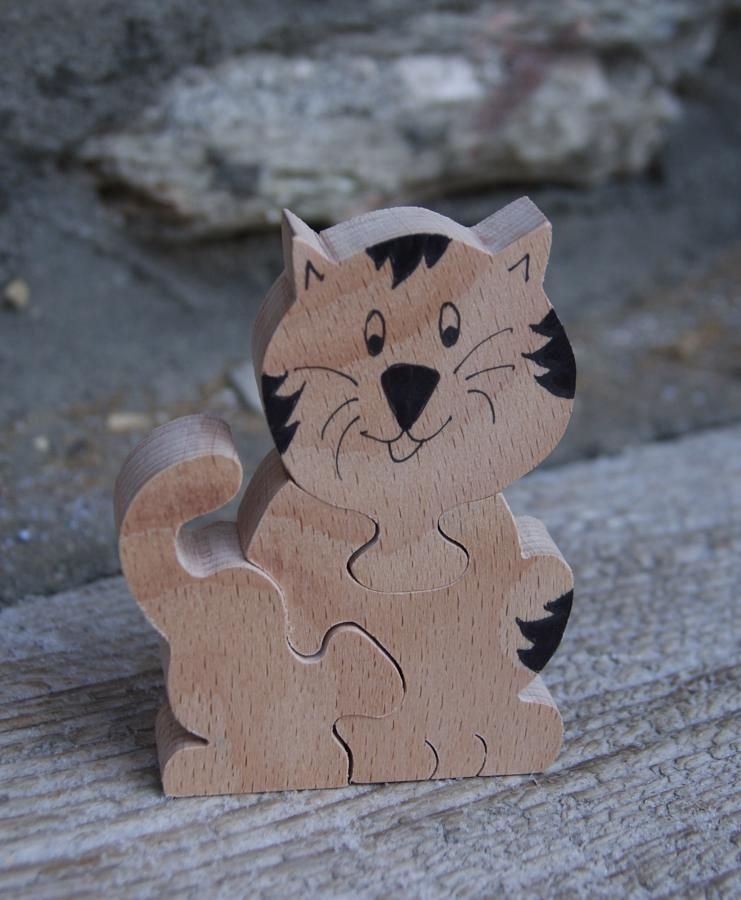 Träpussel 3 bitar katt, Hetre kattunge, handgjord