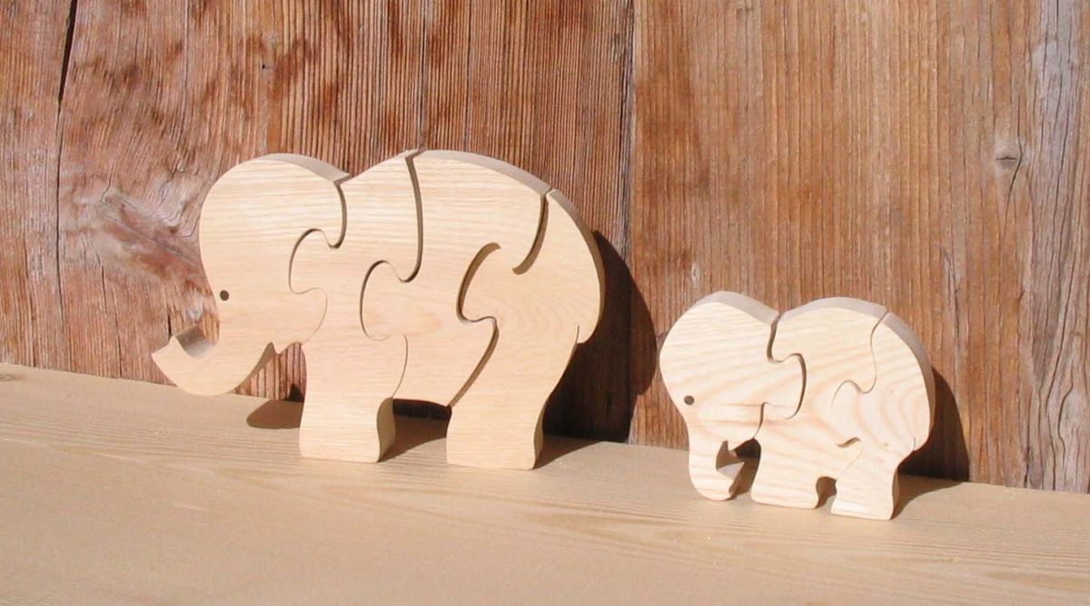 3 pusselbitar elefant massivt trä, handgjord, savannens djur