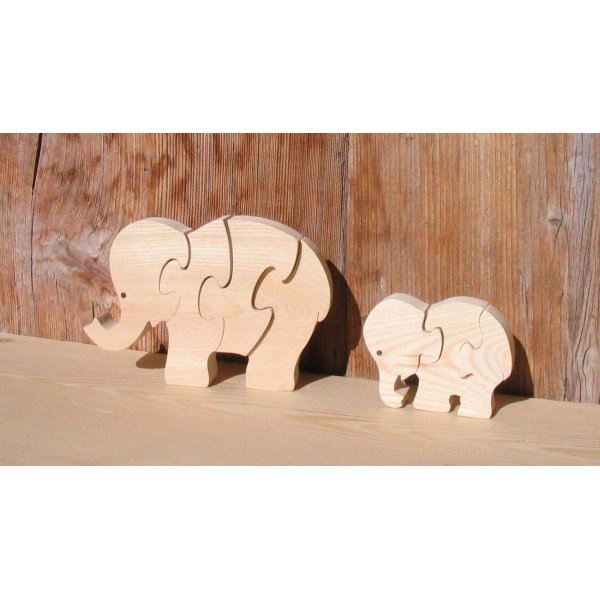 3 pusselbitar elefant massivt trä, handgjord, savannens djur