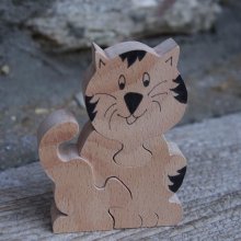Träpussel 3 bitar katt, Hetre kattunge, handgjord
